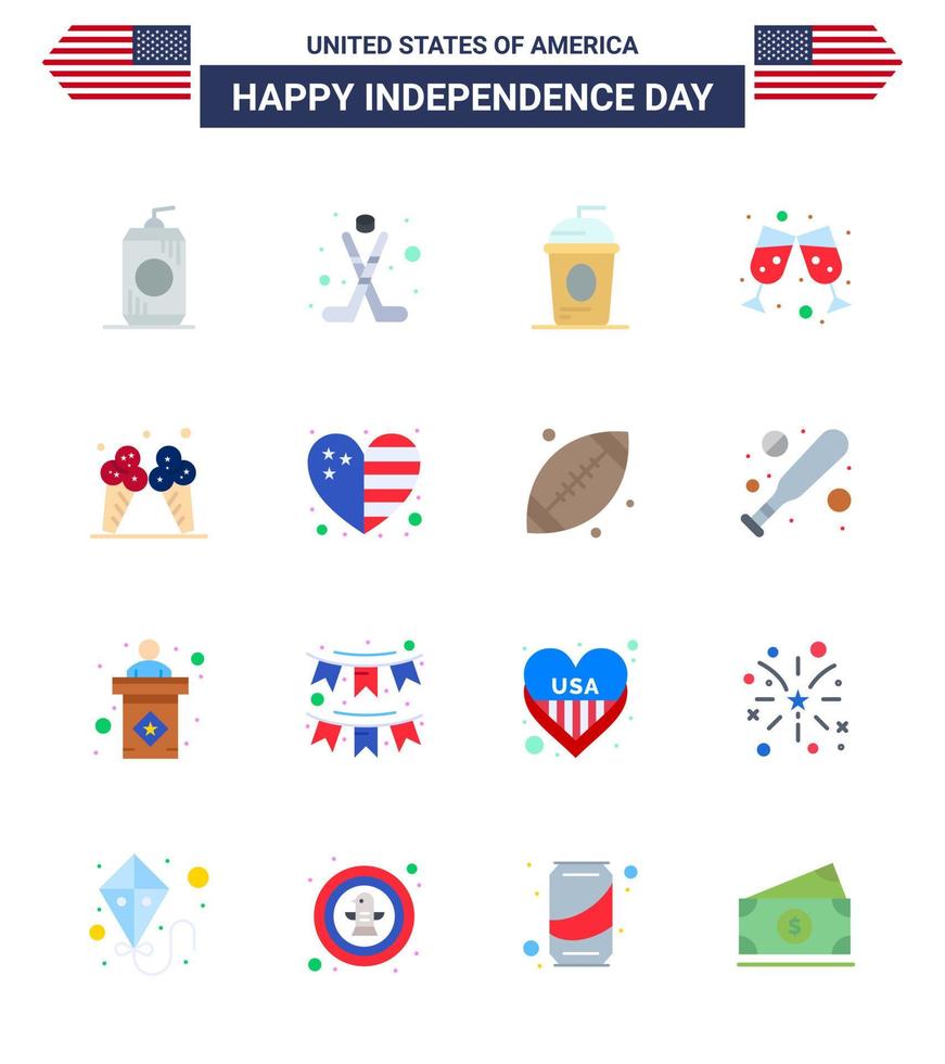 4th July USA Happy Independence Day Icon Symbols Group of 16 Modern Flats of ice wine glass cake wine independece Editable USA Day Vector Design Elements