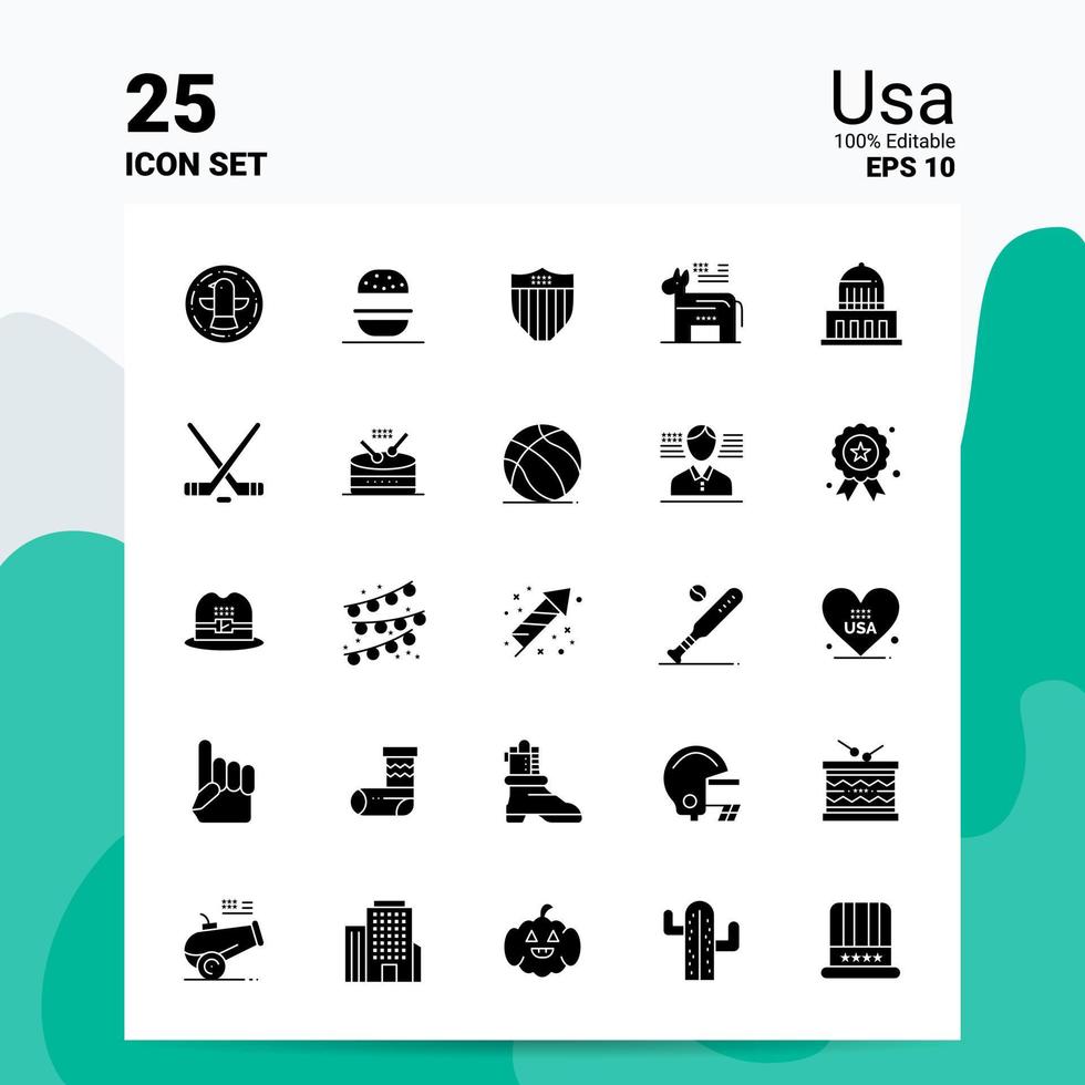 25 Usa Icon Set 100 Editable EPS 10 Files Business Logo Concept Ideas Solid Glyph icon design vector