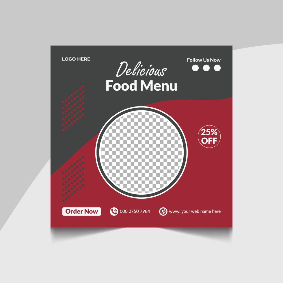 delicioso menú de comida de restaurante fresco, volante de comida saludable y sabrosa o diseño de afiches para marketing comercial en línea. diseño de publicación de redes sociales de menú de oferta de restaurante vector