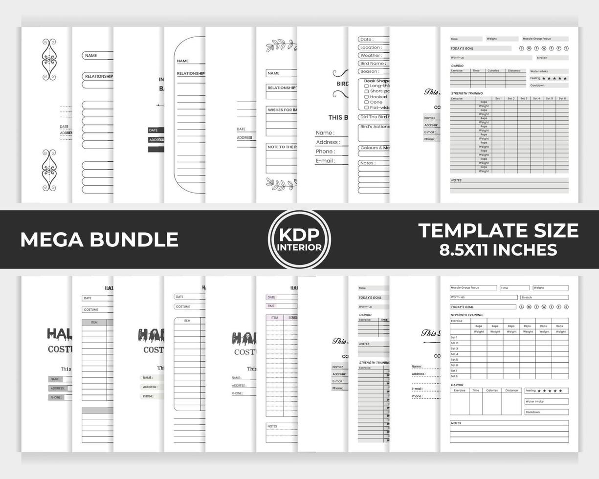 KDP Interior Bundle Workout Log Book, Baby Shower Guest Book, Bird Watching Logbook, Halloween Costume Planner Unique Design Template vector