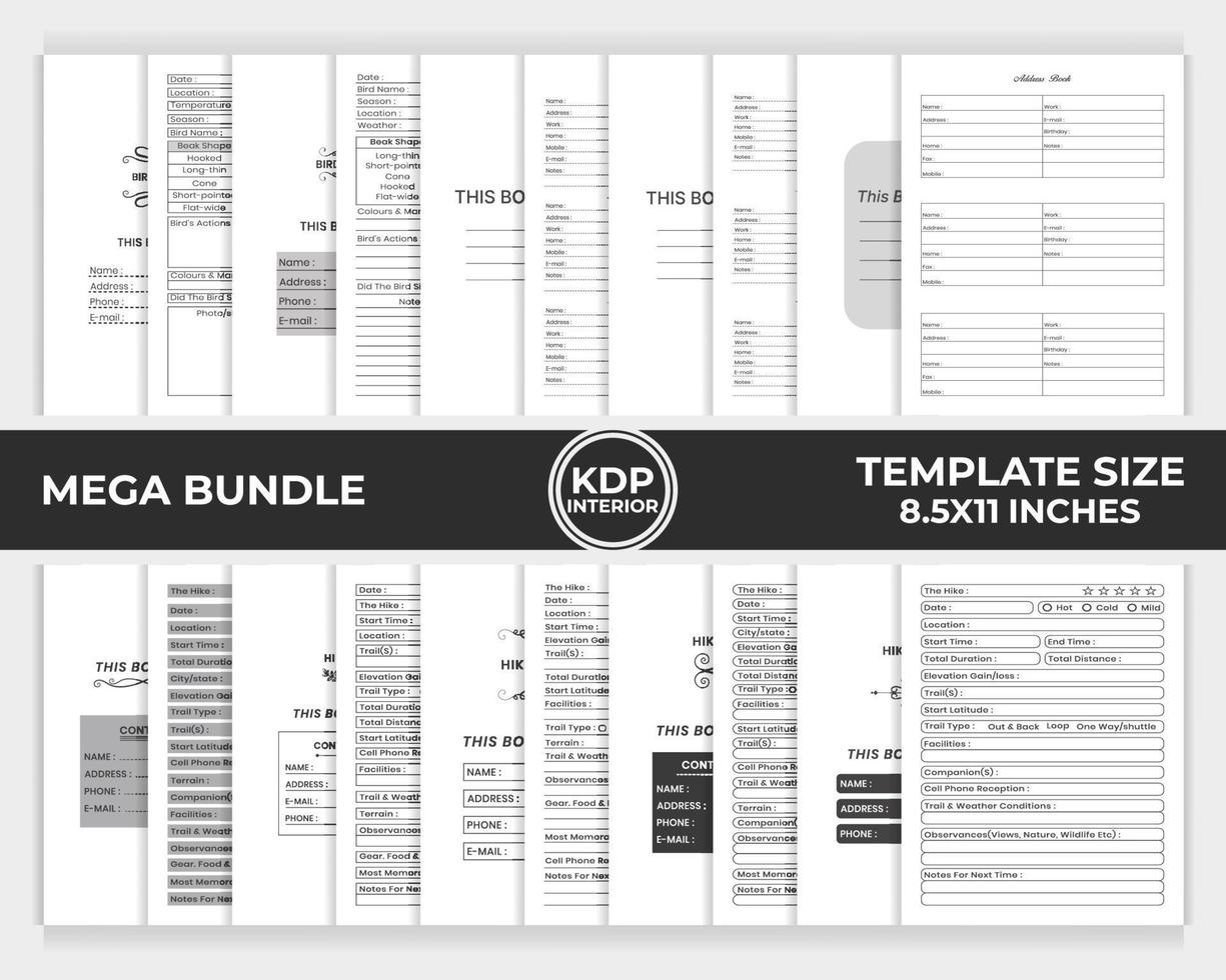 KDP Interior Bundle Address Book, Hiking Logbook, Bird Watching Logbook Unique Design Template vector