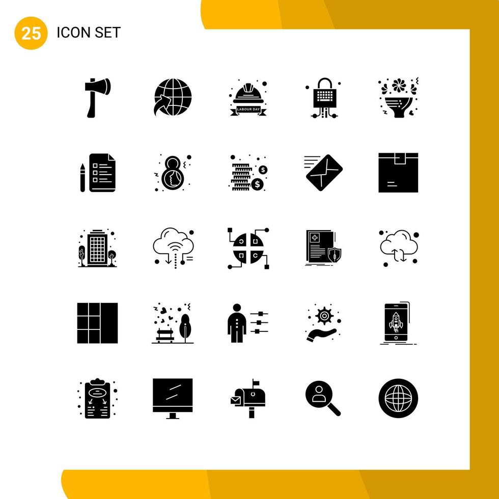 25 Universal Solid Glyphs Set for Web and Mobile Applications technology locked travel lock helmet Editable Vector Design Elements