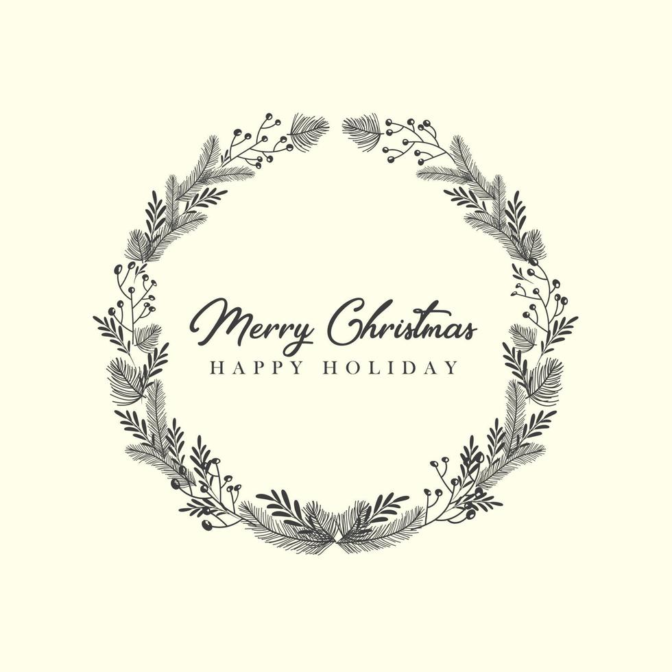 Christmas wreath with fir branches, leaves and holly berries in the style of hand drawn floral ornament for your greeting cards vector
