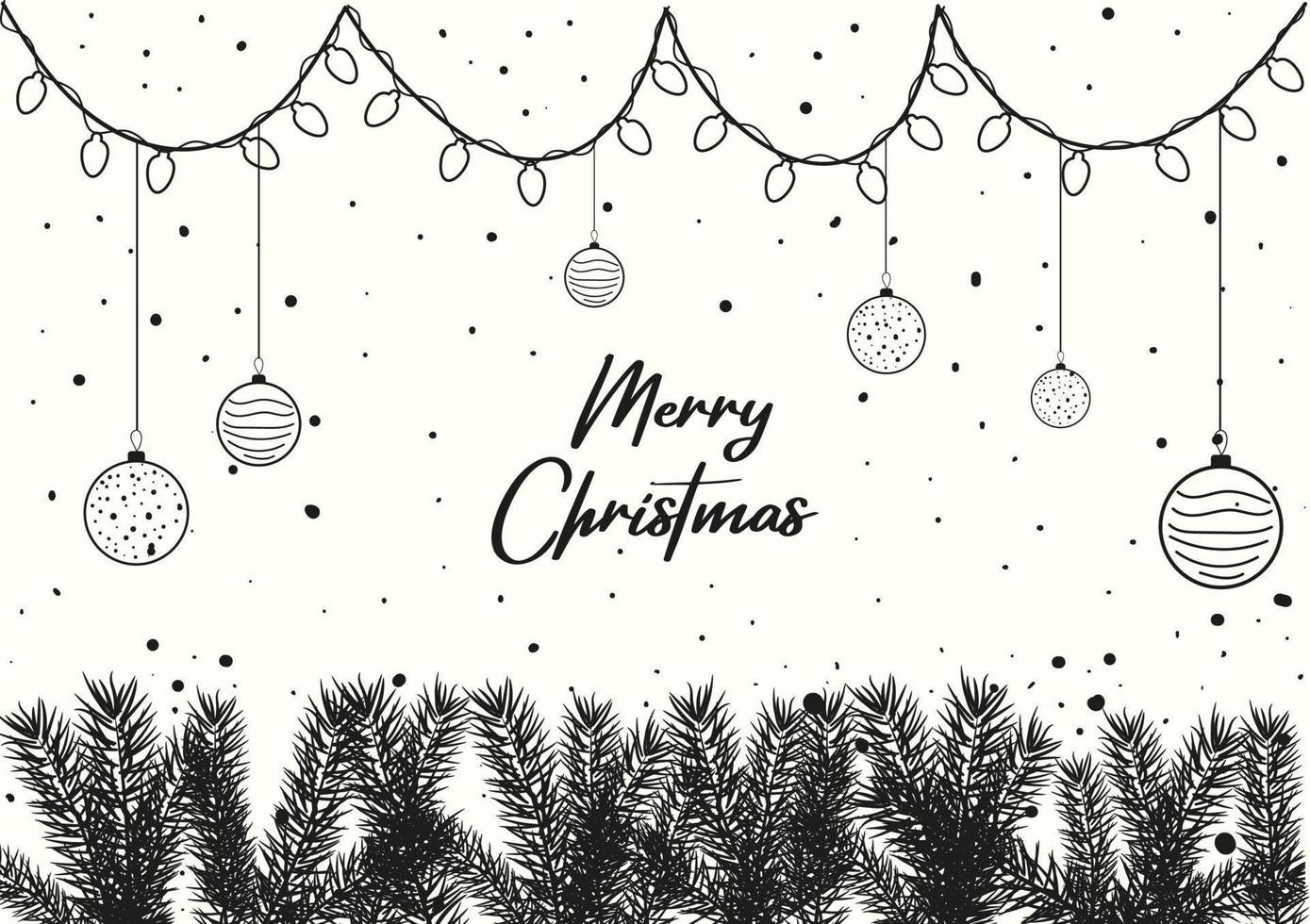 Hand drawn Christmas Background with Christmas tree branch balls and Christmas lights on white background vector