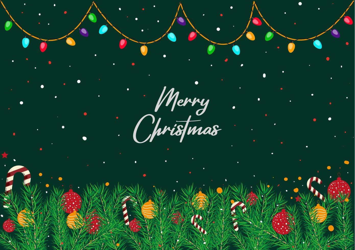 Christmas background with Christmas tree branches Christmas lights balls candy and snowflakes vector