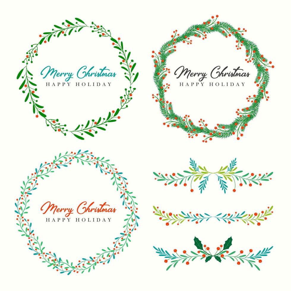 Christmas wreath and Christmas border set with fir branches, leaves and holly berries for greeting card and poster vector