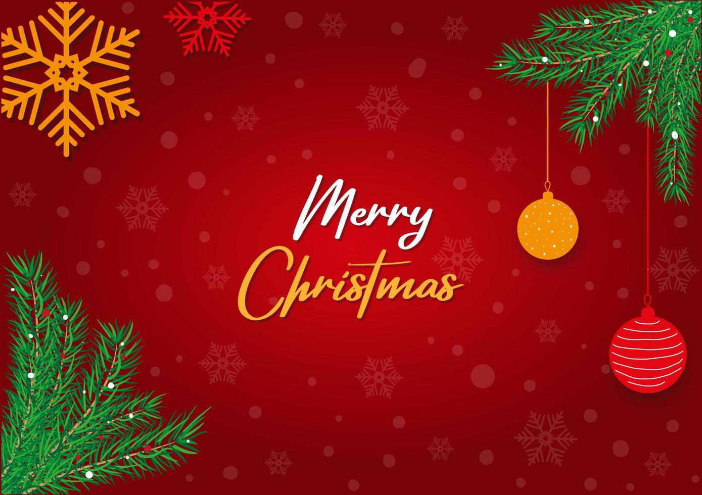 Christmas background with Christmas tree branch snowflake and Christmas ball on red background vector