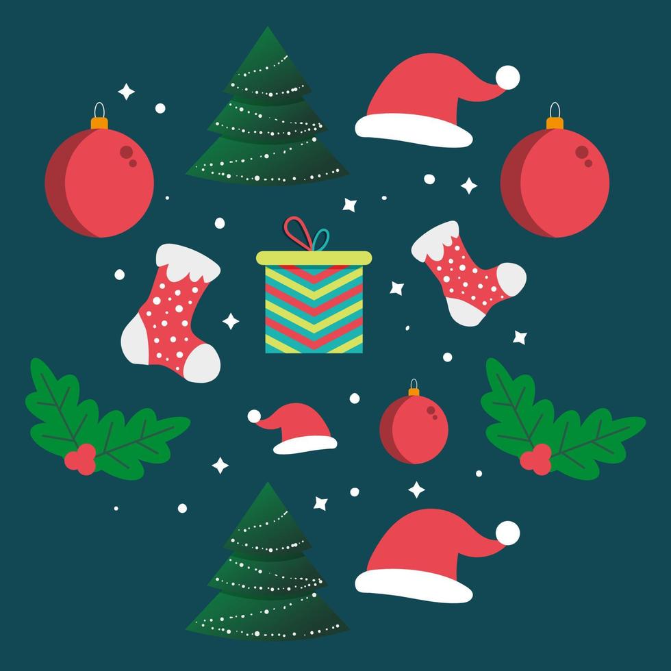 elementos navideños decorados a mano con caja de regalo de árbol de navidad y calcetines de invierno vector