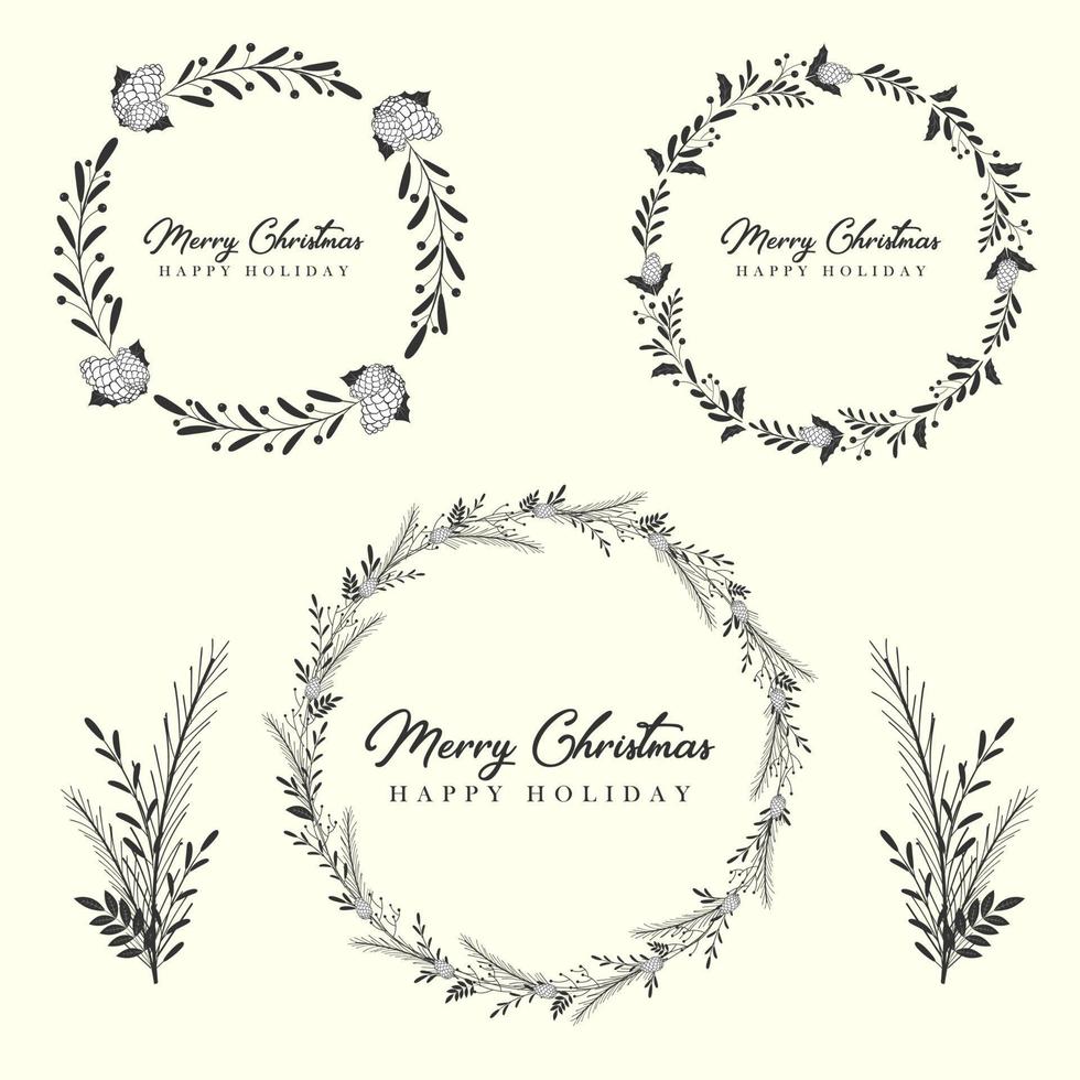 Christmas wreath with fir branches, leaves, pine cones and holly berries in the style of hand drawn floral ornament for your greeting cards vector