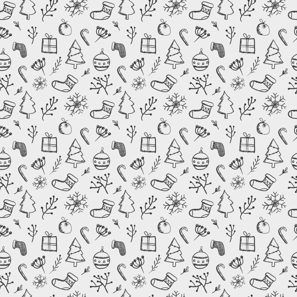 Hand drawn Christmas seamless pattern background with christmas tree christmas leaves christmas candy winter socks gift box and stars vector
