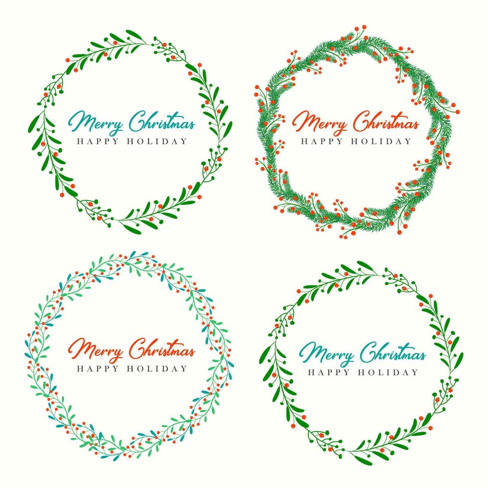 Christmas wreath and Christmas border set with fir branches, leaves and holly berries for greeting card and poster vector