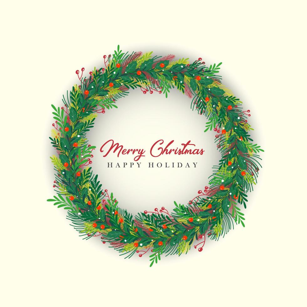 Christmas wreath with fir branches, leaves and holly berries for greeting card vector
