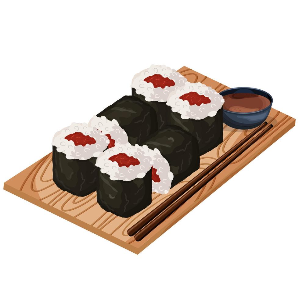 rollos de sushi japonés en un tablero con salsa y palillos. publicidad, pancarta. ilustración vectorial vector