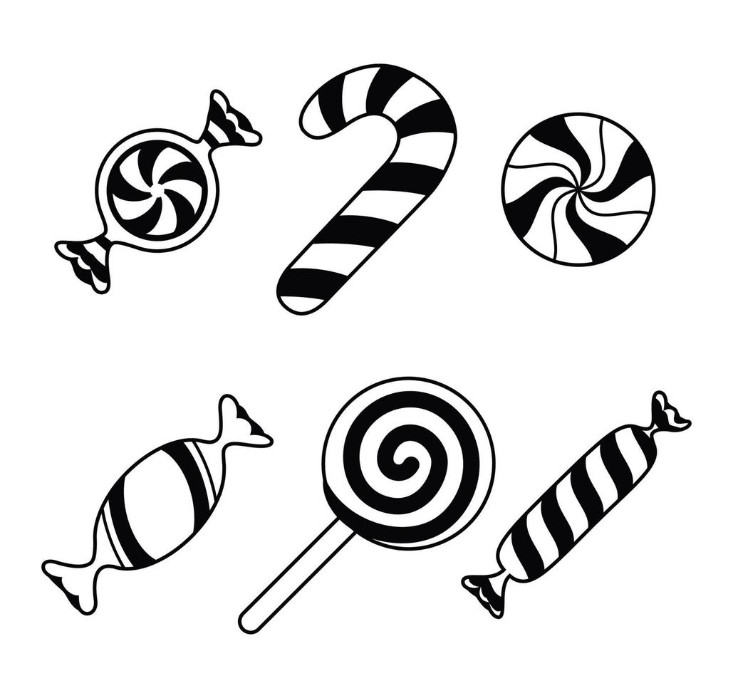 Striped sweetmeats set, line art design. Hard candy, candy cane, lollipop, candies in wrapper. Design element for Christmas, New Year, birthday, party. Vector illustration isolated on white background