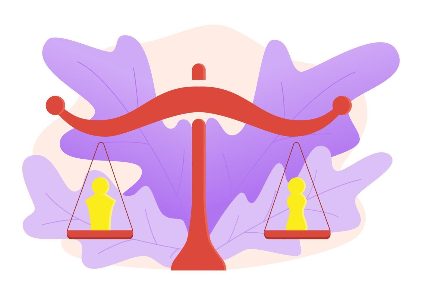 Gender symbols balancing on scales. Gender equality concept. Man and woman symbols on the same height. Symbol of equal pay, salary, fairness, justice and emancipation. Vector illustration.