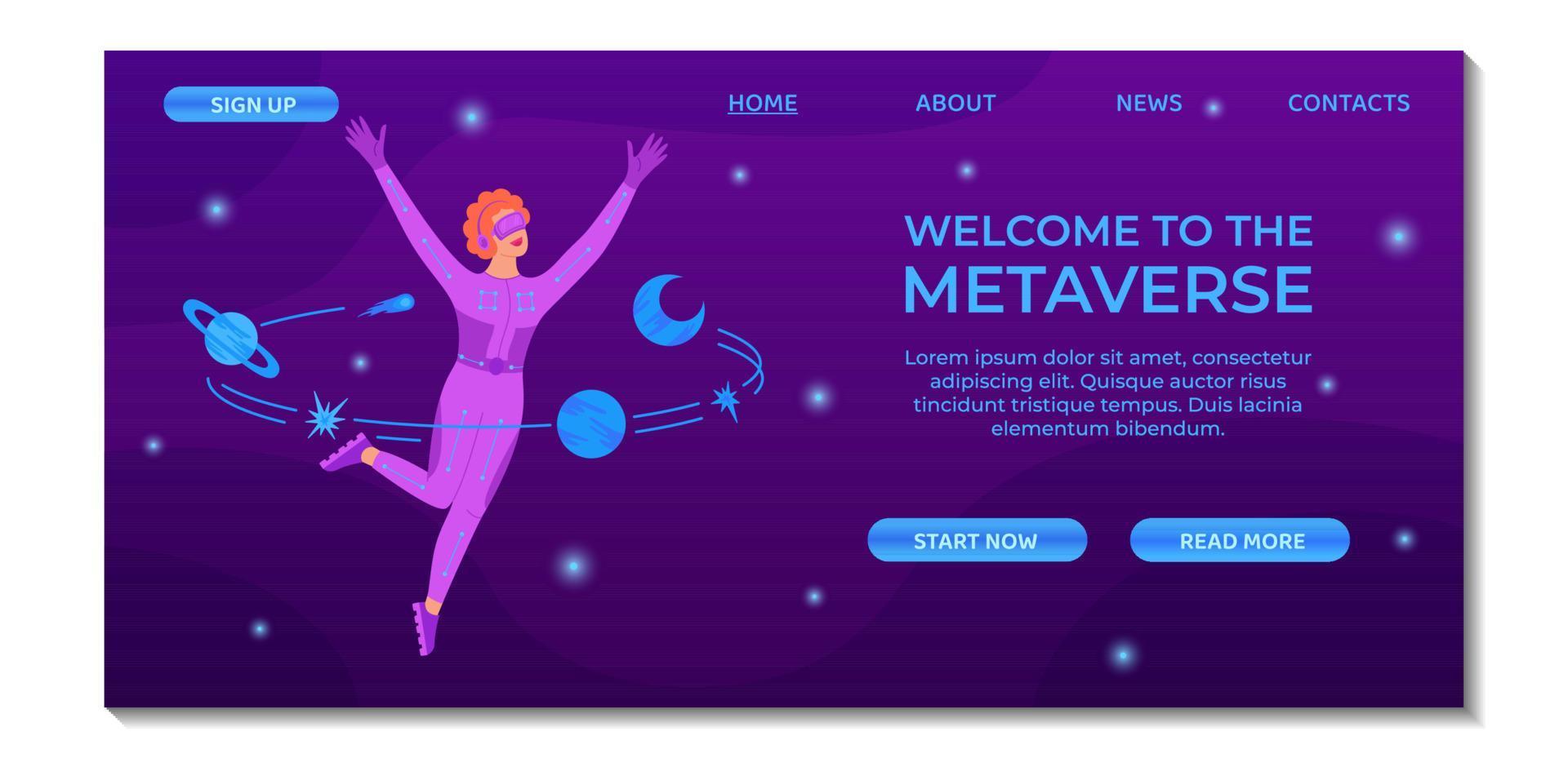 Metaverse technology landing page template. Young woman in VR suit and VR glasses. Innovation network experience, AR gaming. Futuristic lifestyle. Suitable for banner, ui, mobile app, website design vector