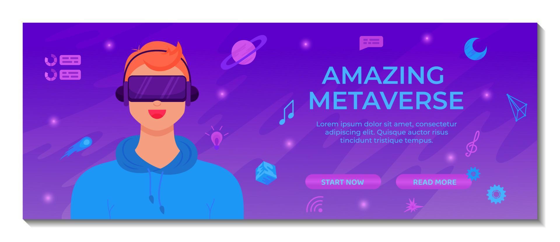 Metaverse digital technology banner template. Man use VR headset surrounded with cyber metaverse simulation. Innovation network experience, AR gaming. Suitable for landing page, website design, promo vector