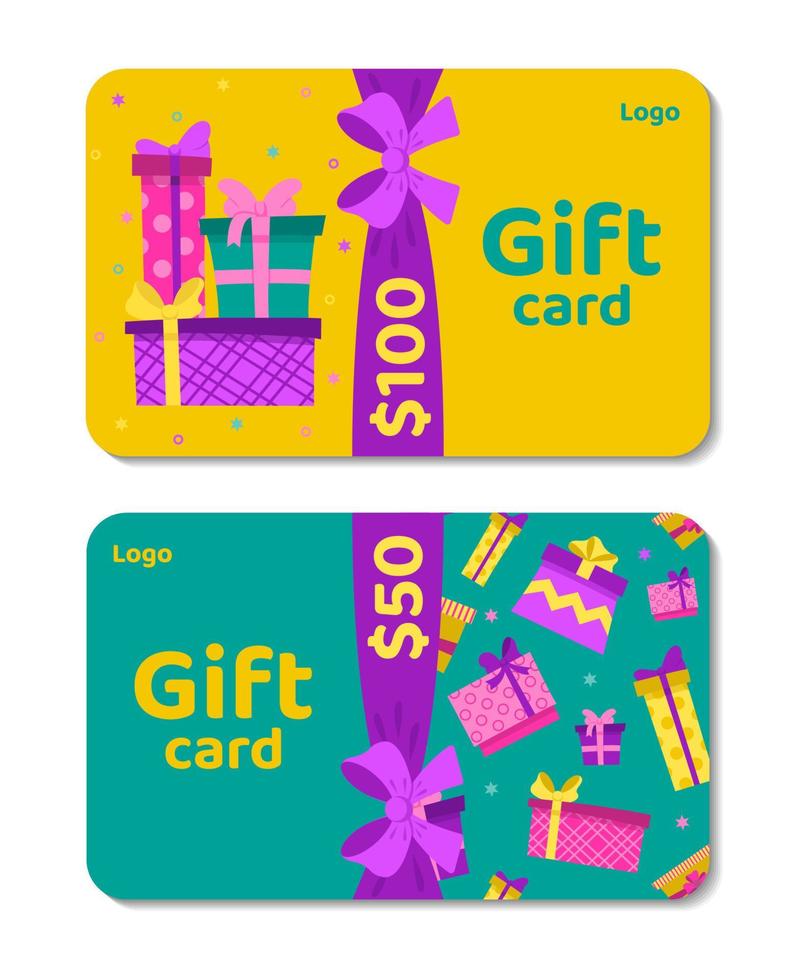 Set gift vouchers with ribbons and presents boxes. Loyalty program, customer gift reward bonus card. Creative template for coupon, certificate, invitation, ticket, flyer, banners. Vector illustration