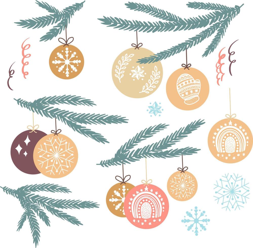 Christmas Toy on Pine Branch Childish Vector Set