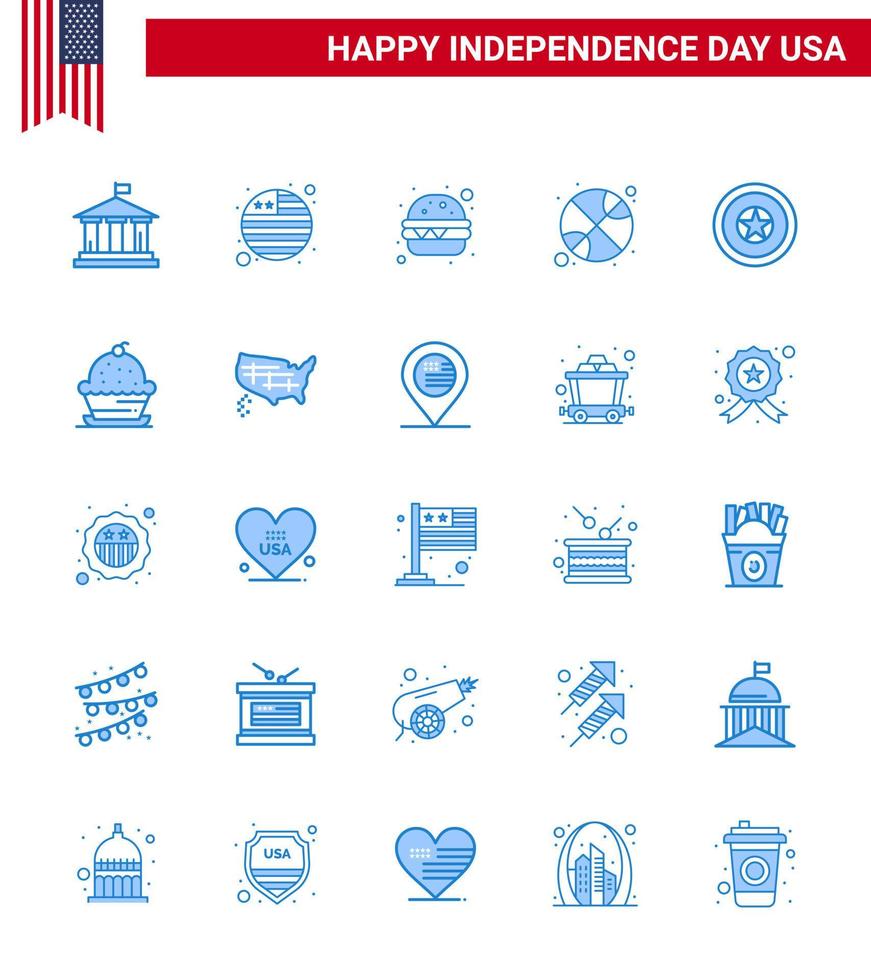 Group of 25 Blues Set for Independence day of United States of America such as medal independece fast food holiday sports Editable USA Day Vector Design Elements