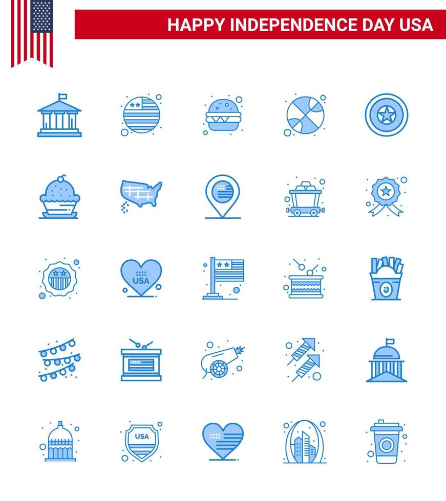 grupo de 25 blues establecidos para el día de la independencia de los estados unidos de américa, como la medalla independiente, comida rápida, vacaciones, deportes, elementos de diseño vectorial del día de estados unidos editables vector