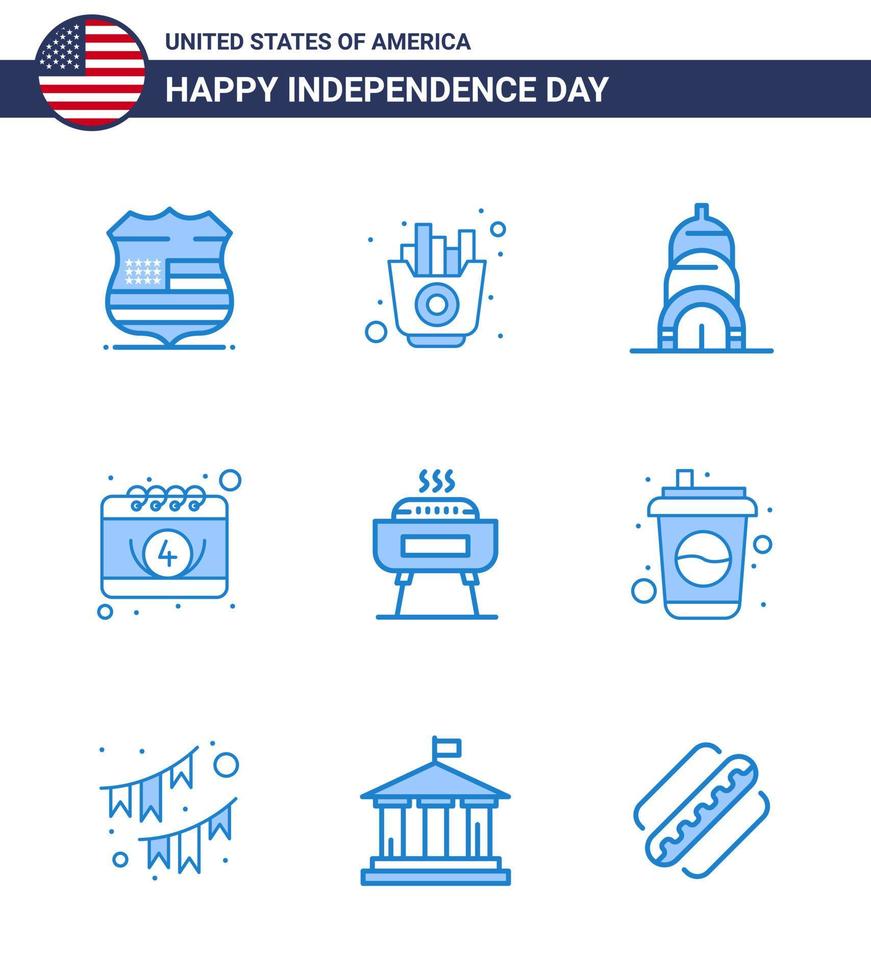 Set of 9 Modern Blues pack on USA Independence Day festivity barbeque chrysler day calendar Editable USA Day Vector Design Elements