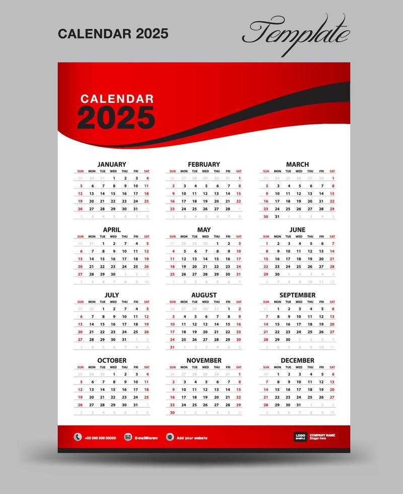 plantilla de calendario de escritorio de pared 2025, diseño de calendario de escritorio 2025, inicio de semana el domingo, volante comercial, conjunto de 12 meses, inicio de la semana el domingo, organizador, planificador, medios de impresión, fondo de onda roja, vector