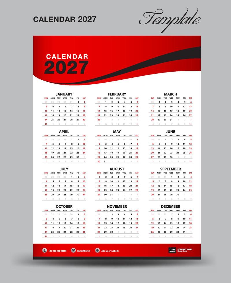 plantilla de calendario de escritorio de pared 2027, diseño de calendario de escritorio 2027, inicio de semana el domingo, folleto de negocios, conjunto de 12 meses, inicio de la semana el domingo, organizador, planificador, medios de impresión, fondo de onda roja, vector