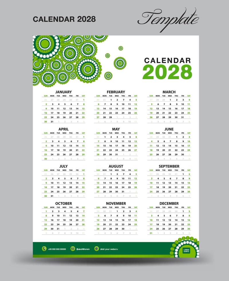 plantilla de calendario de escritorio de pared 2028, diseño de calendario de escritorio 2028, inicio de semana el domingo, volante comercial, conjunto de 12 meses, inicio de la semana el domingo, organizador, planificador, medios de impresión, fondo verde, vector