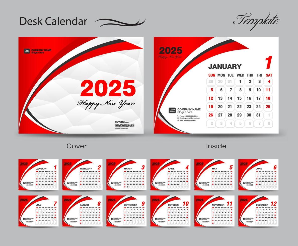 vector de conjunto de plantillas de calendario 2025, la semana comienza el domingo, conjunto de 12 meses, calendario de escritorio 2025 año, calendario de pared 2025, planificador, plantilla de negocios, papelería, medios de impresión, fondo creativo rojo