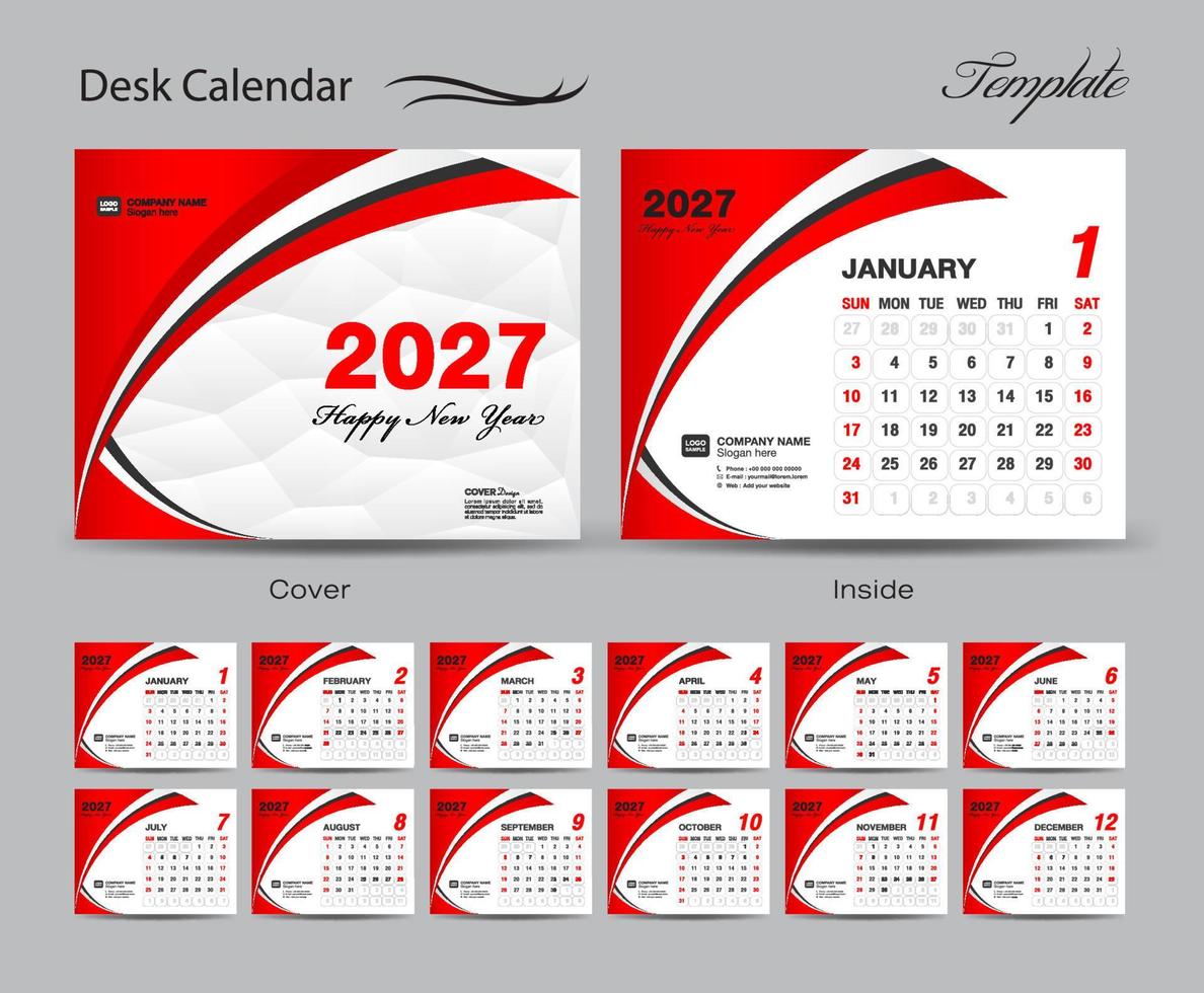 vector de conjunto de plantillas de calendario 2027, la semana comienza el domingo, conjunto de 12 meses, calendario de escritorio 2027 año, calendario de pared 2027, planificador, plantilla de negocios, papelería, medios de impresión, fondo creativo rojo