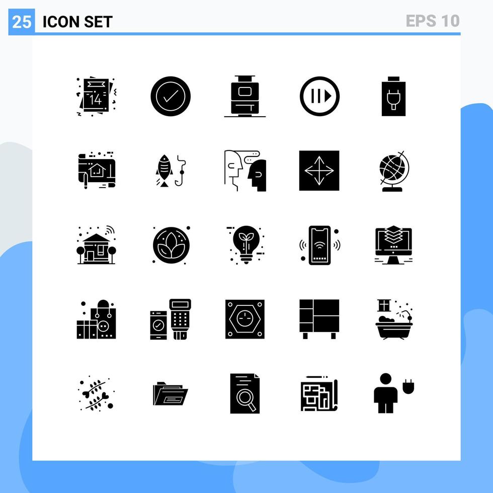 25 User Interface Solid Glyph Pack of modern Signs and Symbols of charge step wireframe player media Editable Vector Design Elements