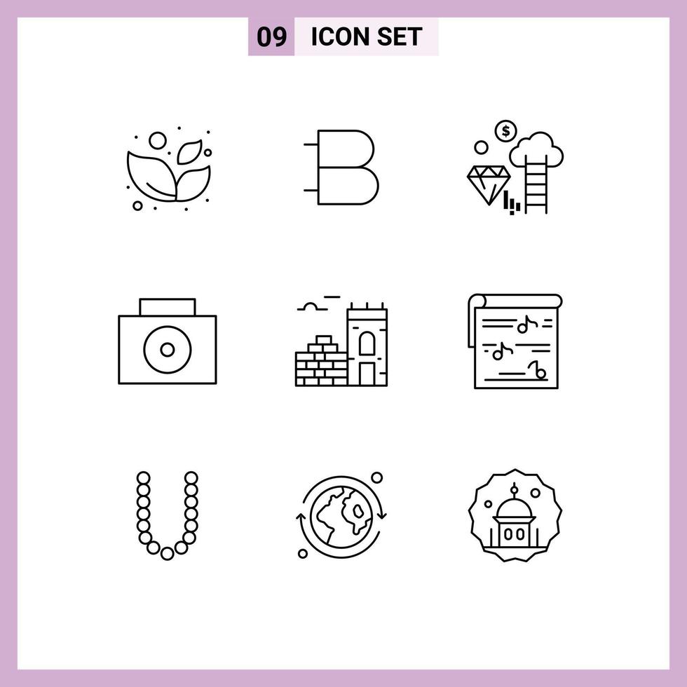 User Interface Pack of 9 Basic Outlines of album brick dimond wall nuclear Editable Vector Design Elements