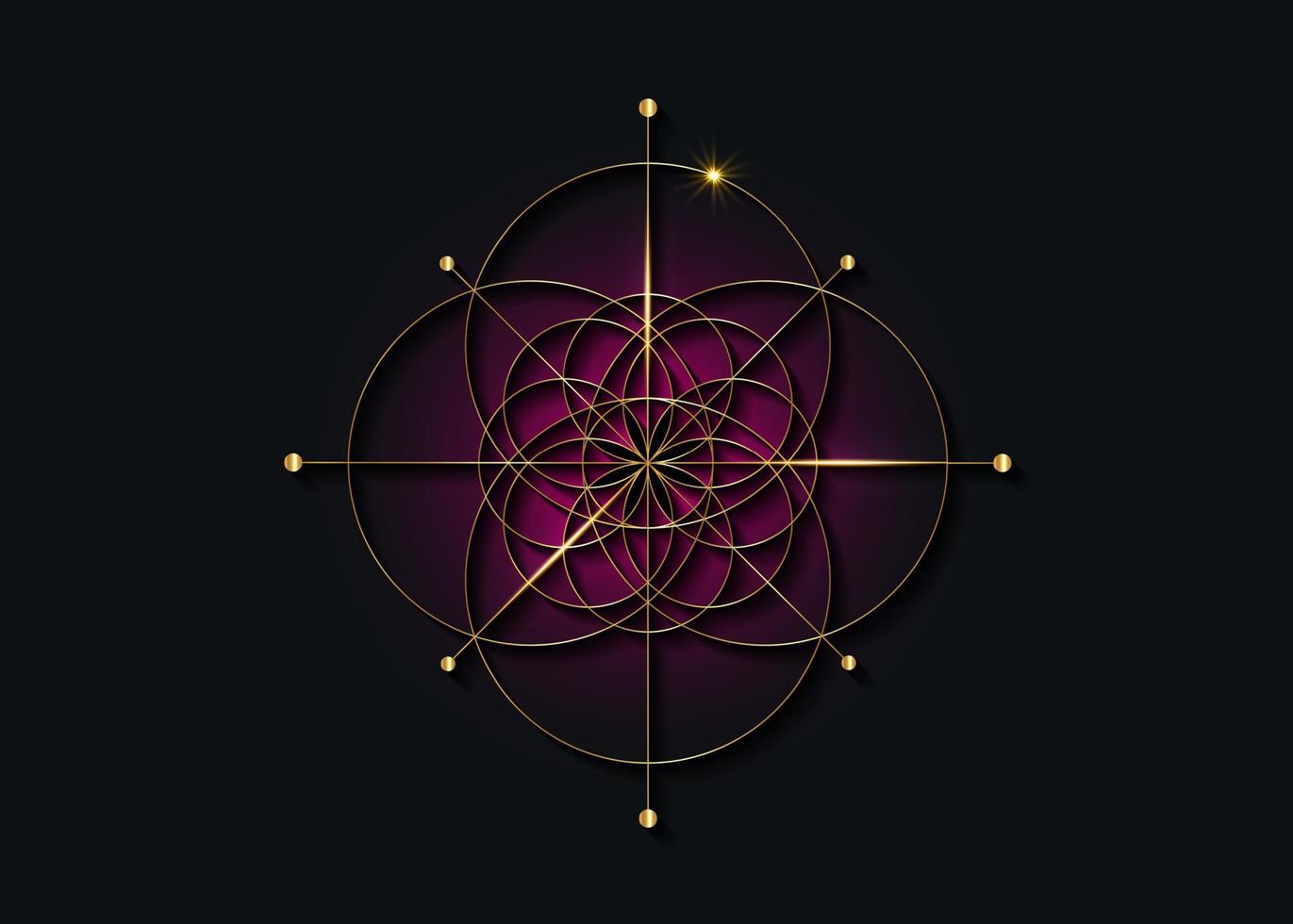 geometría sagrada de oro, símbolo de la semilla de la vida. icono del logotipo mandala mística geométrica de la flor esotérica de la alquimia de la vida. vector línea dorada arte tatuaje divino amuleto meditativo aislado sobre fondo negro