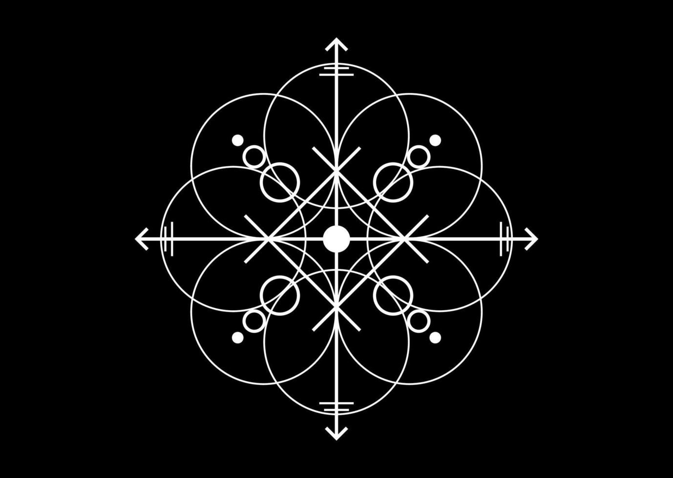 sacred seal of powerful energy, sigil for protection with geometric shapes and mystical arrows, vector white tattoo cross symbol isolated on black background