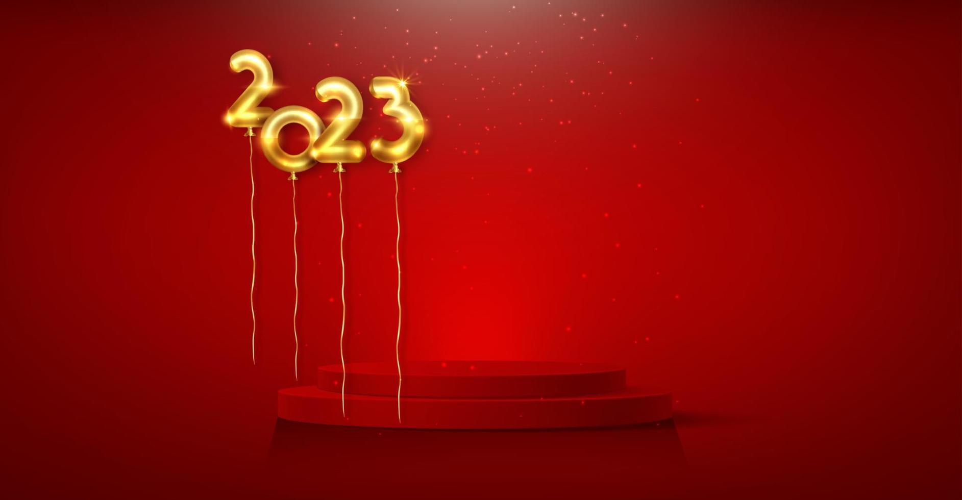 3D golden ballon 2023 with podium banner, New Year party, gold foil numerals, product display cylindrical shape, festive platform for the holidays. Vector luxury template isolated on red background