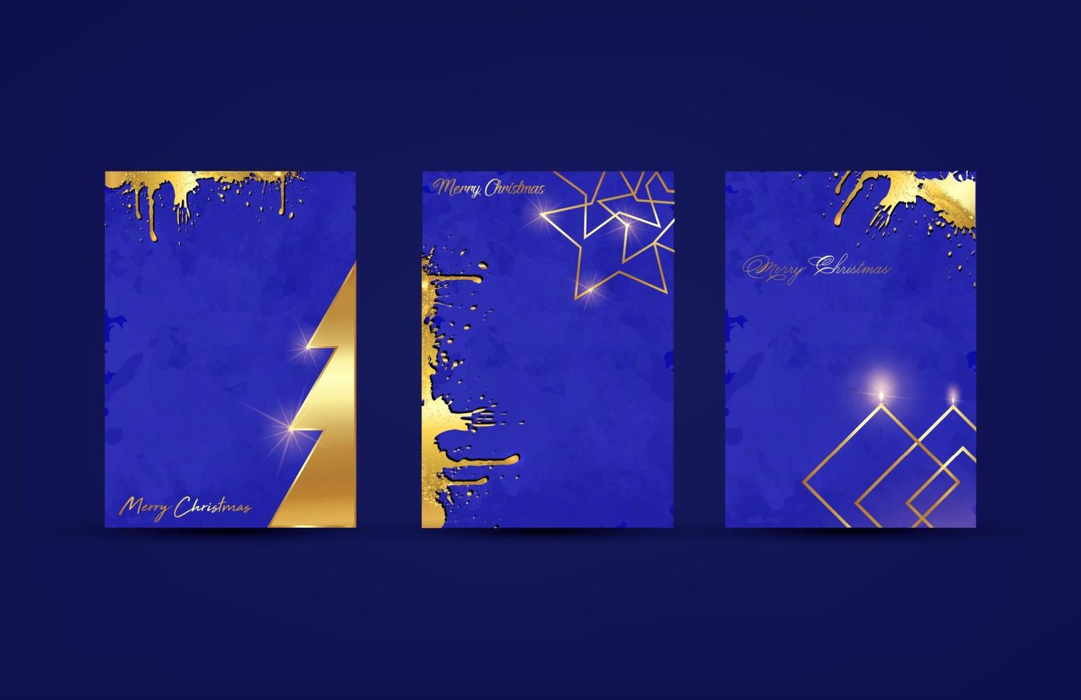 Merry Christmas gold template set with holiday tree and xmas elements, stars, glitter and lamps. Golden luxury frames Ideal for greeting card, poster or web design, blue grunge background vector