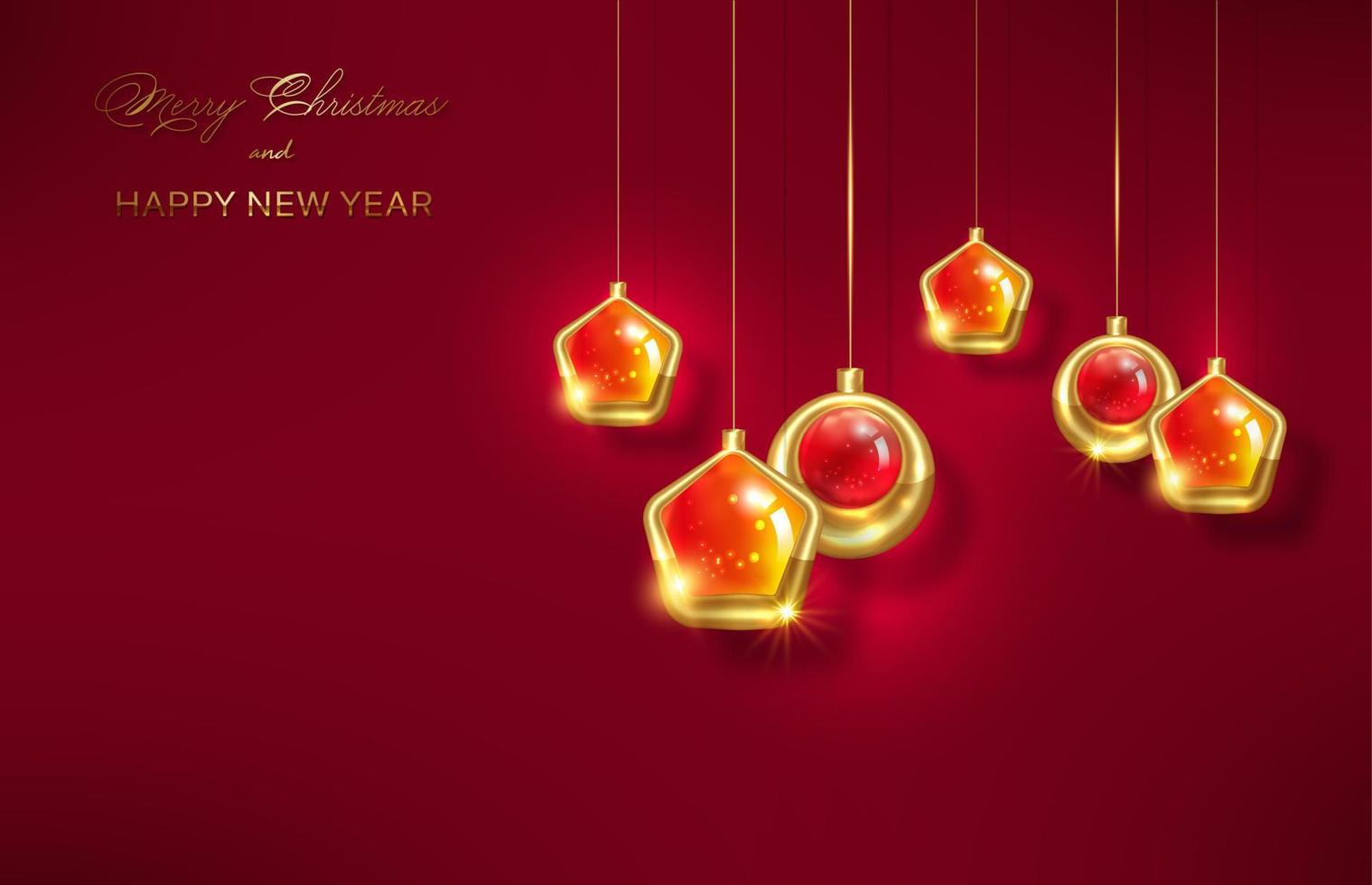 Christmas luxury holiday banner with gold handwritten Merry Christmas and Happy New Year greetings and golden Christmas balls. Vector illustration on foil texture and red background