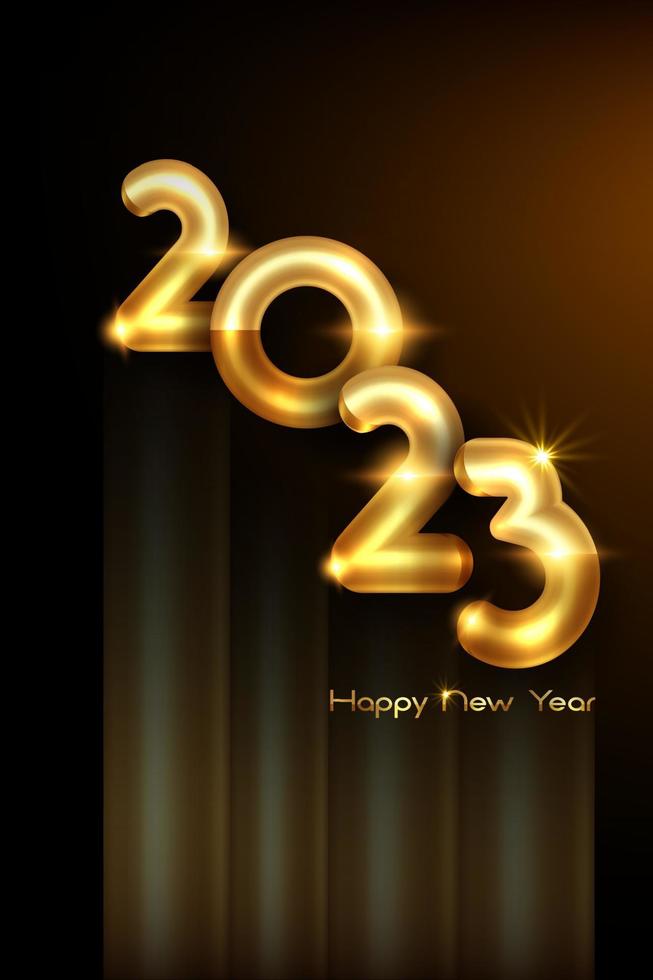 2023 golden 3D bold numbers, Happy New Year. banner template Christmas theme. Holiday design for greeting card, invitation, calendar, party, gold luxury vip, vector isolated on black background