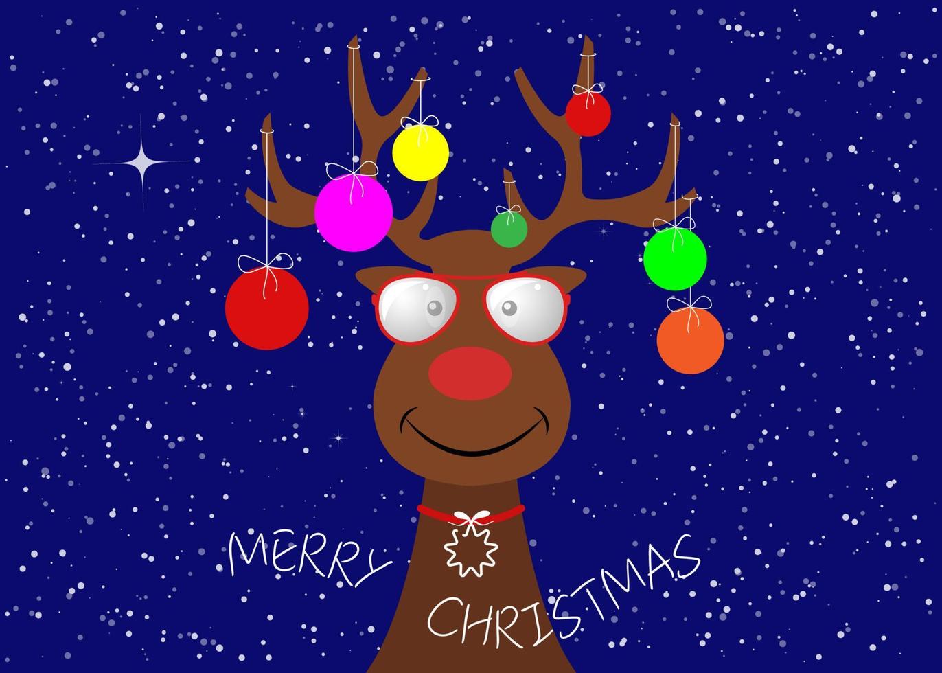 Festive Christmas hipster reindeer wearing Christmas tree with decorative colorful balls on his horns. Holiday theme for children, vector character flat design cartoon isolated on snowy background