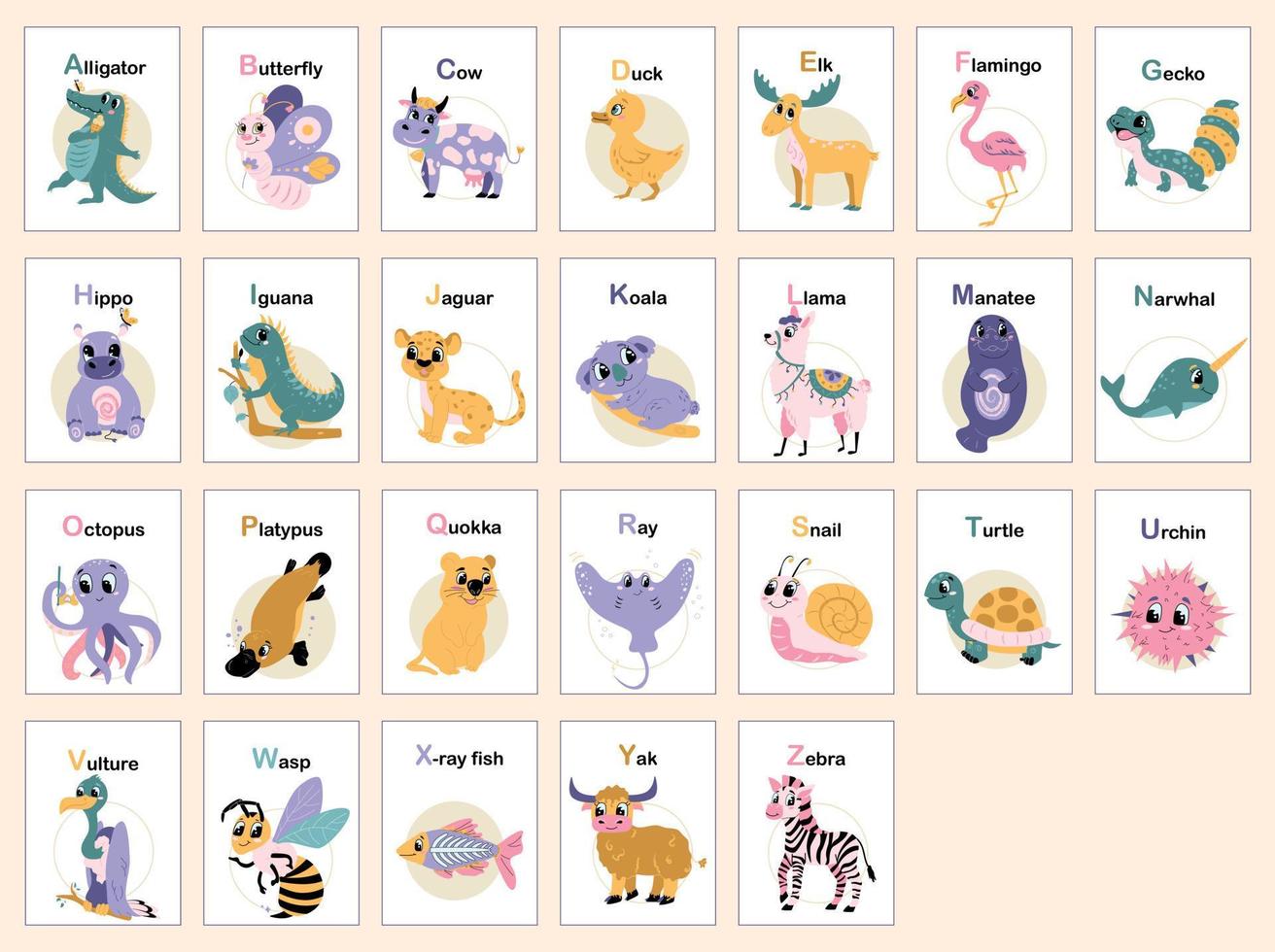 Childish animal alphabet from A to Z. Educational material for kids. Set of letter cards with animals for posters, cards, book. vector