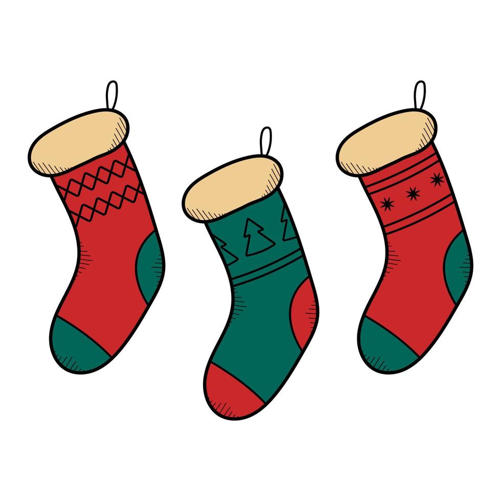Collection of hand-drawn Christmas socks. Green and red stockings for gifts. Isolated vector illustrations in doodle sketch style.