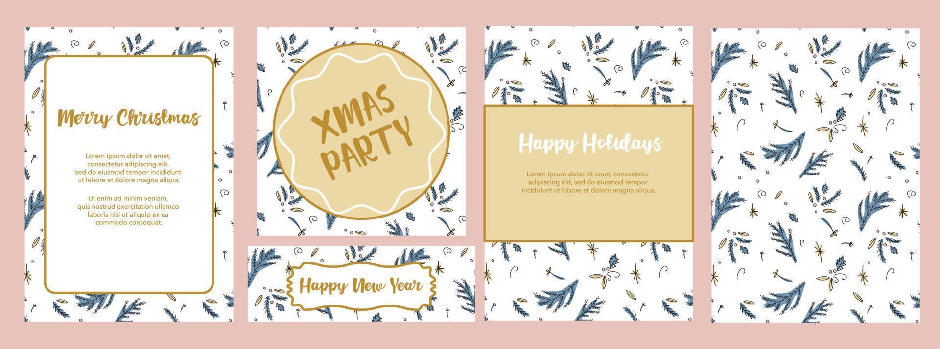 conjunto de plantillas navideñas para invitaciones, tarjetas, postales, patrones, fondos. fiesta de navidad, felices fiestas, feliz navidad, feliz año nuevo. lugar para texto y felicitaciones. fondo de navidad. vector