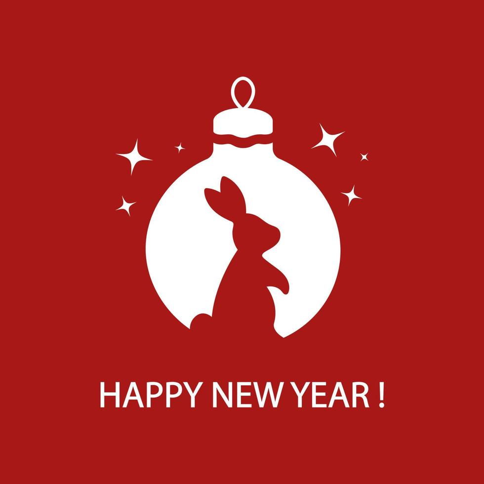 feliz año nuevo. tarjeta de felicitación con silueta de un conejo en un juguete de navidad. estilo minimalista moderno. ilustración plana vectorial. vector