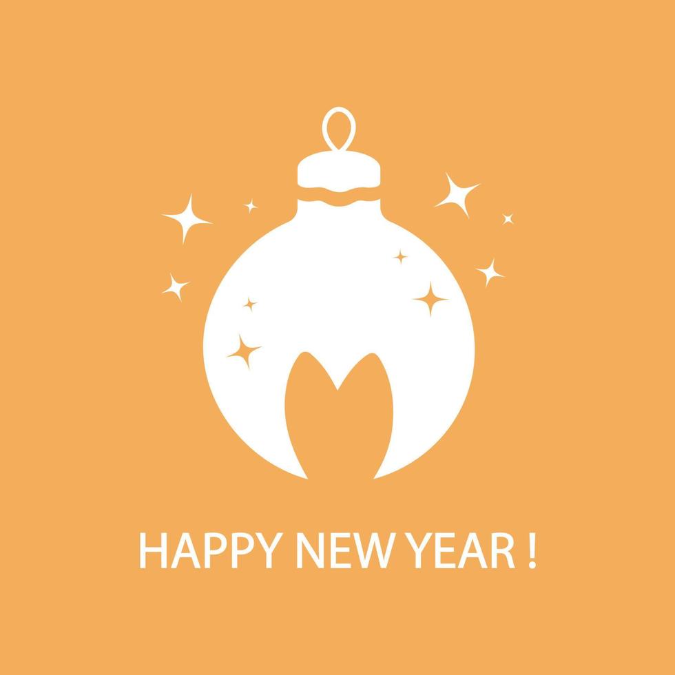 New year greeting card in minimalism. Silhouettes of rabbit ears and christmas toy with star, Happy New Year greeting on a orange background. Vector illustration.