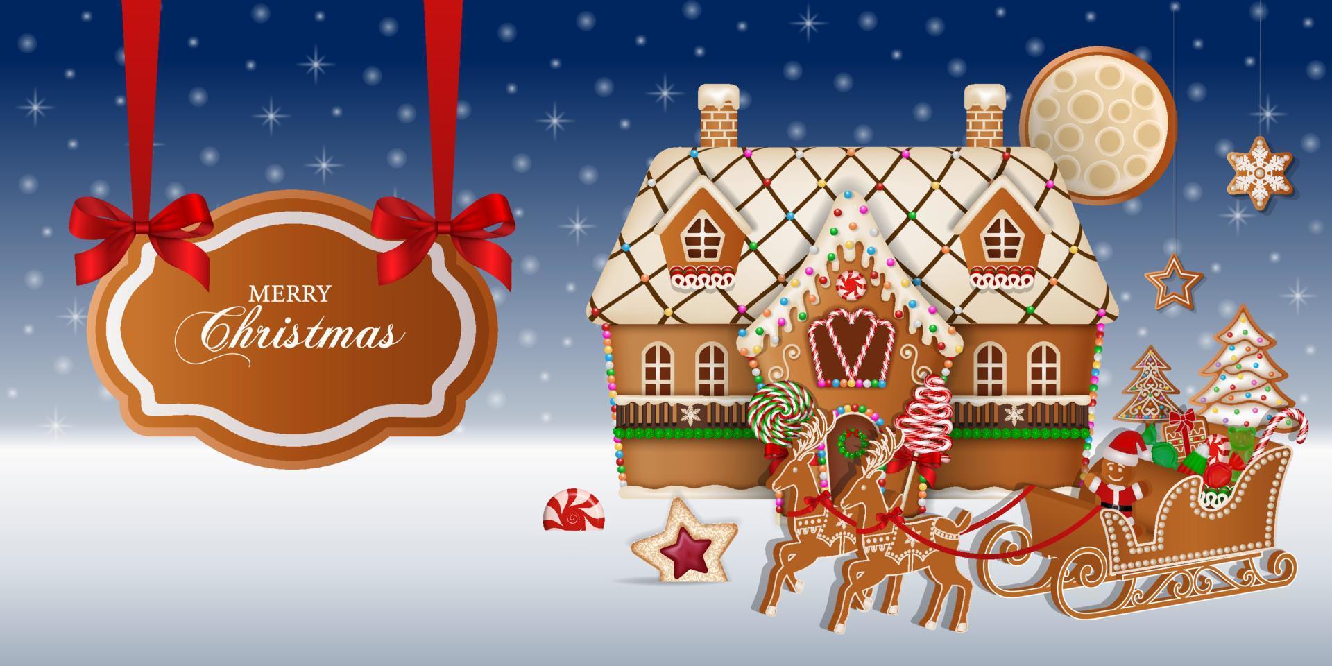 christmas background with gingerbread cookies. gingerbread landscape with house and santa claus sleigh vector