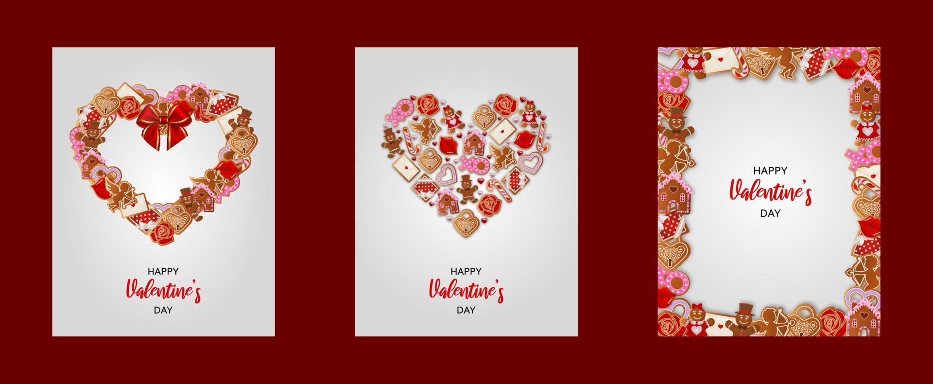 set of valentine's day cards with gingerbread cookies vector