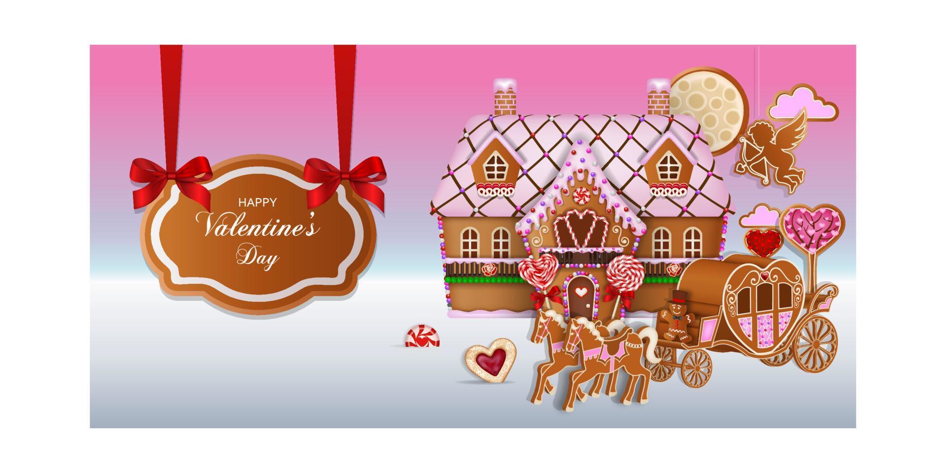 Valentine's day background with gingerbread cookies. gingerbread landscape with heart shaped carriage and house vector