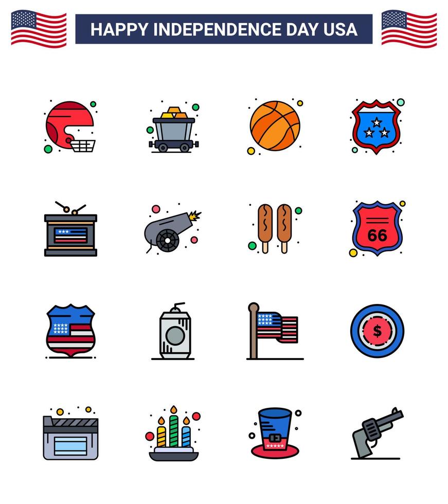 paquete de línea llena plana de 16 símbolos del día de la independencia de estados unidos de escudo de tambor seguridad ferroviaria estados unidos elementos de diseño vectorial editables del día de estados unidos vector