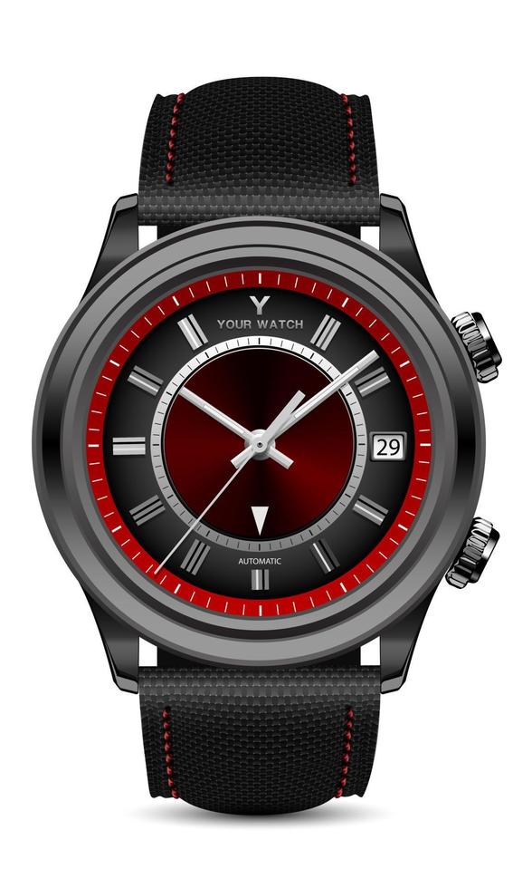 Realistic watch clock black red steel grey arrow with fabric strap on white design modern luxury for men vector